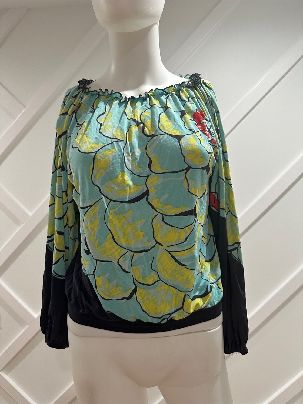 Tibi 100% Silk Women's Floral Off-Shoulder Blouson Top in Aqua and Yellow Size S